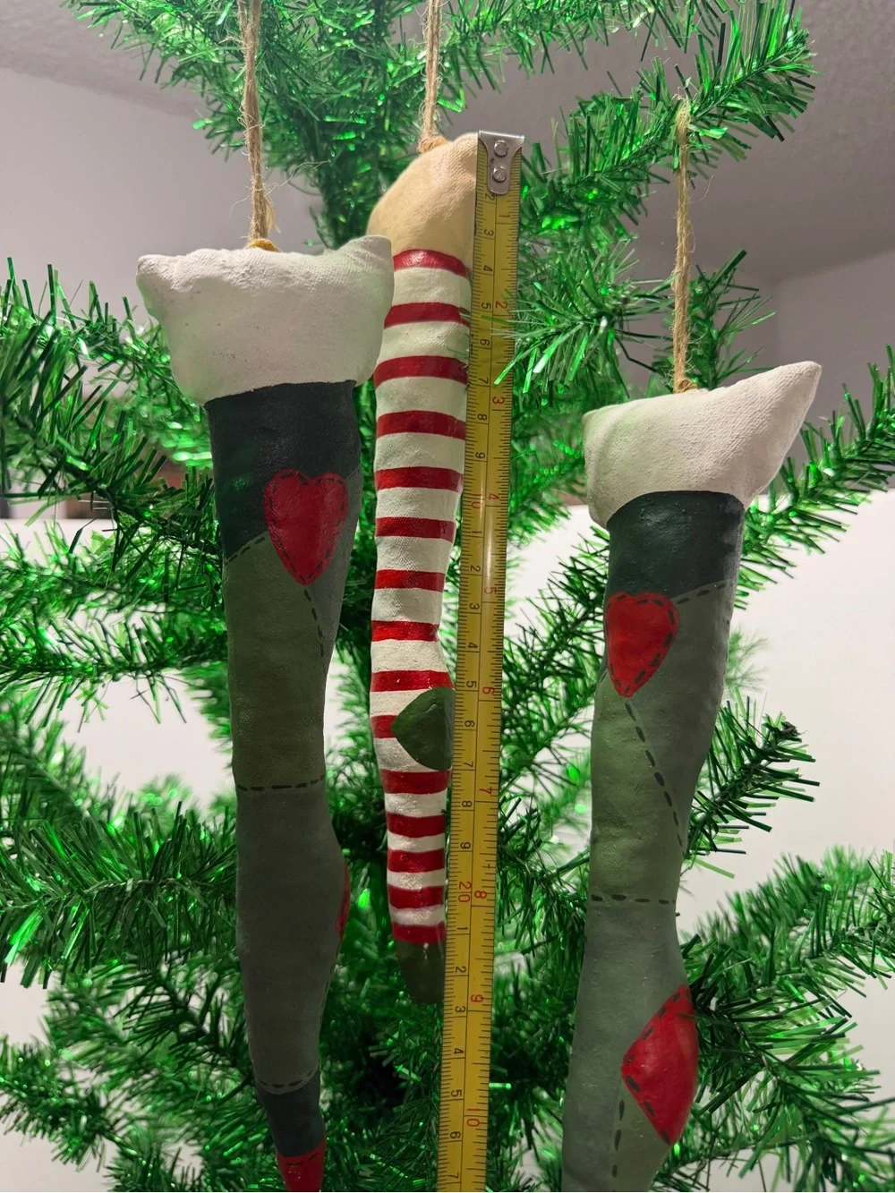 Elf Leg Christmas Hanging Bauble Ornaments 11” Long Set Of 3 Multicolor Striped